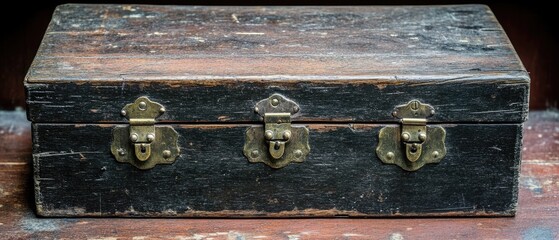 Aged wooden chest with ornate metal clasps.