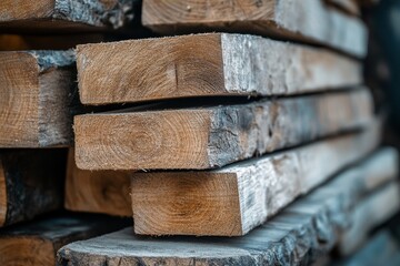 Stacked Wooden Lumber - Close-up view of neatly stacked wooden planks, showcasing the wood's natural texture and grain. Ideal for construction, carpentry, or woodworking projects