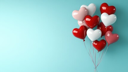 An array of heart-shaped balloons in soft shades of red, pink, and white stands out against a pastel blue background, evoking feelings of love, warmth, and celebration.