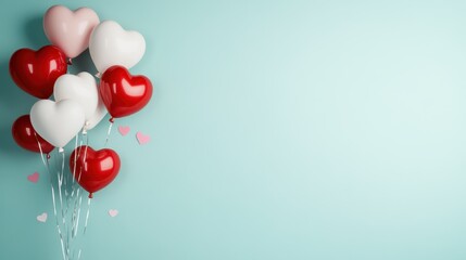 A delightful arrangement of red, pink, and white heart-shaped balloons, some with falling heart shapes, creating a captivating visual for any romantic setting or celebration.