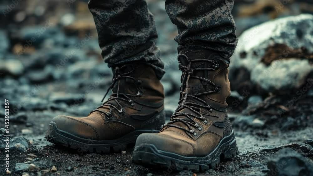 Poster a close-up view of a pair of boots on a rugged rocky terrain