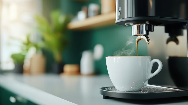 A sleek black coffee machine is elegantly brewing a steaming cup of coffee, set against a green kitchen backdrop, adding a vibrant touch to your daily coffee experience.