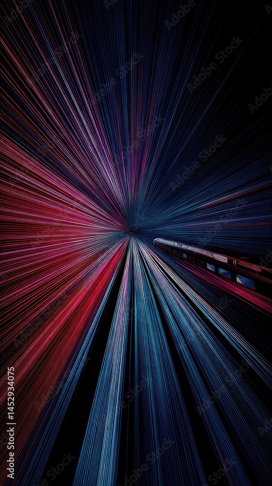Poster abstract train speeding through a tunnel of light with red and blue streaks creating a sense of moti
