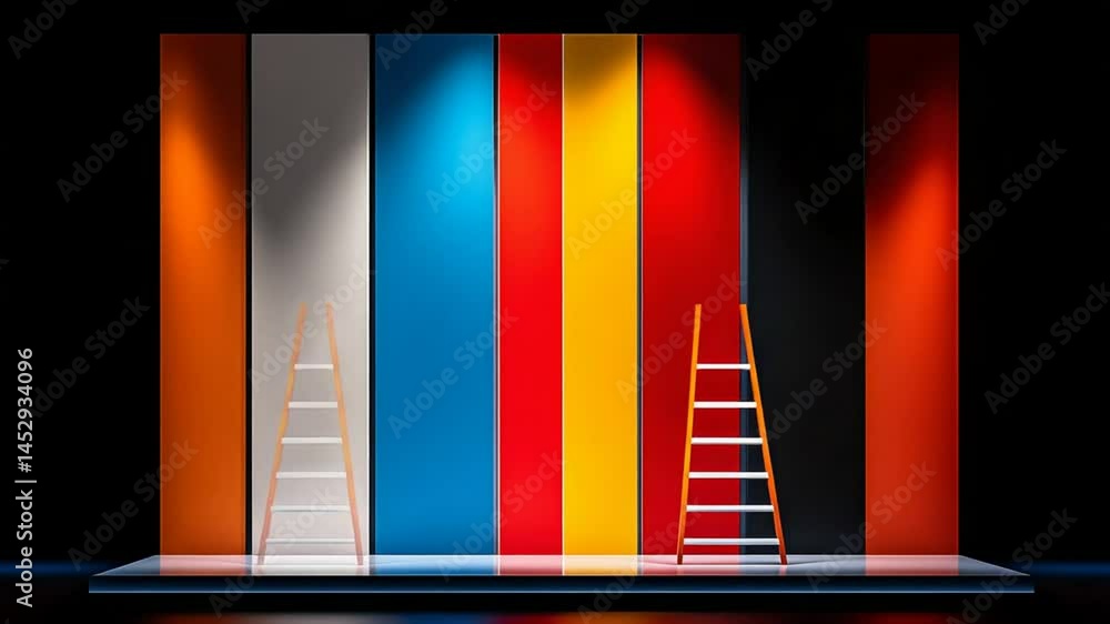Poster brightly colored vertical panels with ladder in minimalist design setting for creative spaces