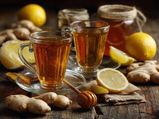 Invigorating ginger tea with lemon and honey on rustic wooden table for healthy and comforting drink with natural light and cozy autumn atmosphere