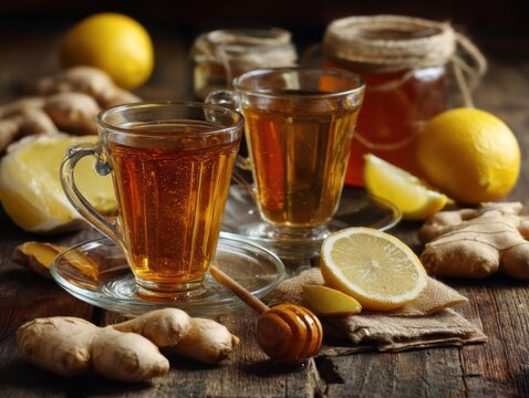 Invigorating ginger tea with lemon and honey on rustic wooden table for healthy and comforting drink with natural light and cozy autumn atmosphere