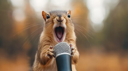 A lively squirrel passionately singing into a microphone, showcasing its enthusiasm and charisma, bringing joy and energy to the setting through its performance.