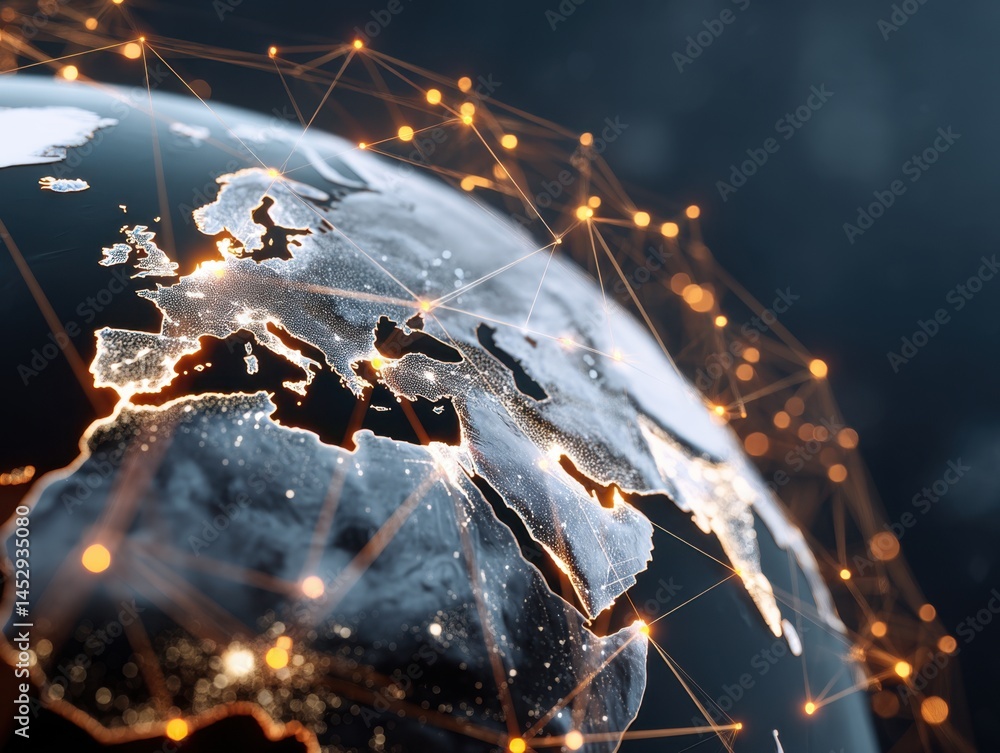 Poster global network connection illuminating europe and asia continents on a dark background digital conne