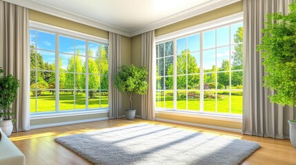 Obraz premium Spacious room with large windows showcasing a verdant landscape.