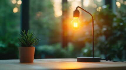 This image features a vintage-style lamp illuminating a potted plant with warm light, creating a cozy and inviting ambiance perfect for interior decor inspiration.