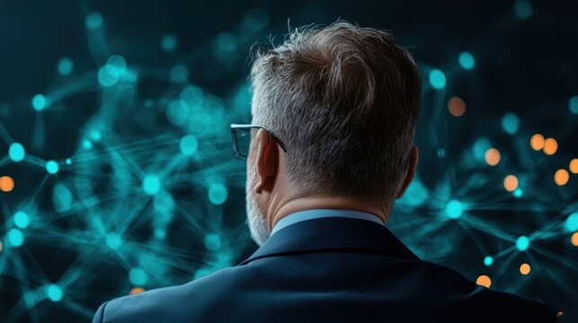The back view of a businessman, surrounded by a digital network backdrop, embodies innovation and modernity, conveying the dynamic relationship between technology and ambition.