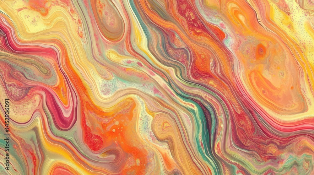Poster abstract fluid art with vibrant orange yellow and red hues creating a dynamic and flowing marble eff
