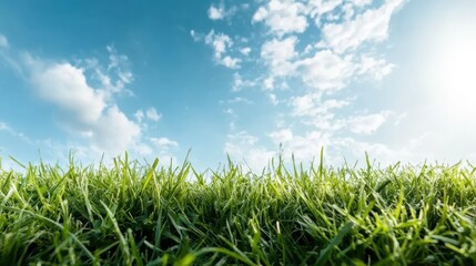 Obraz premium A vast view of green grass under a bright blue sky dotted with clouds, conveying a sense of freedom and expansiveness in nature's beauty and freshness.