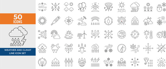 Weather and Climate Line Icon Set – Thin Linear Vector Symbols of Storm, Rain, Snow, Hurricane, UV Index, Thermometer, and Forecast Elements