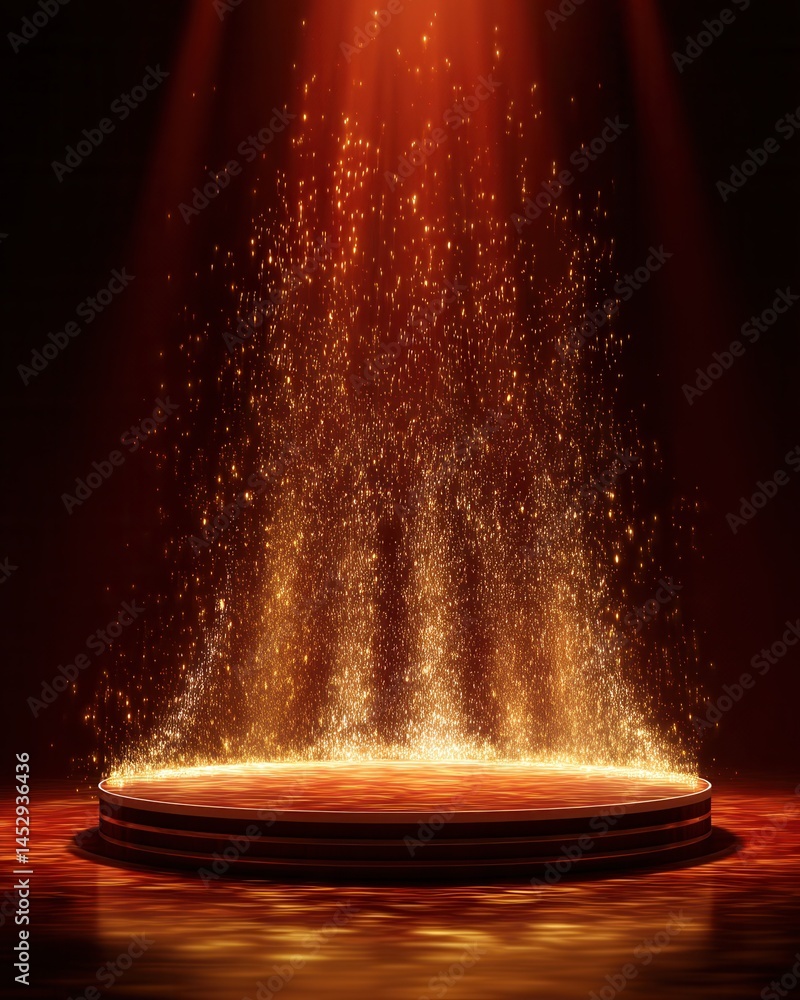 Poster elegant stage illuminated with golden sparkles and spotlights creating a captivating and magical atm