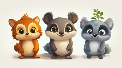Three cute cartoon animals, likely forest creatures, pose together