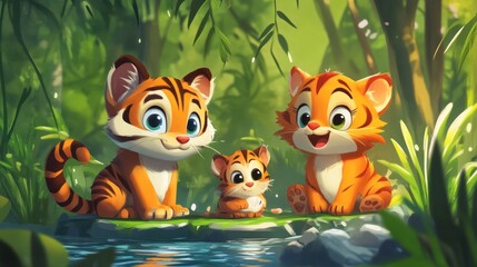 Cute tiger cubs by a jungle stream