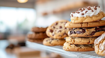 A tempting assortment of cookies, some topped with vibrant icing and sprinkles, showcasing a delightful mix of flavors perfect for any sweet tooth craving.