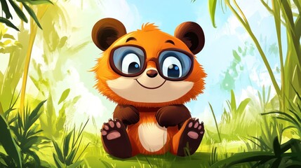 Cute orange panda with glasses sits in a lush jungle