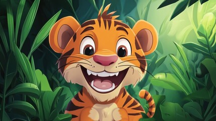 Smiling tiger cub in jungle foliage