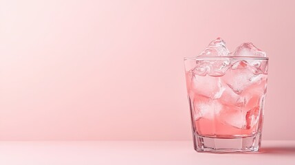 A refreshing glass filled with ice cubes and a pink drink, perfect for summer vibes, parties, and casual gatherings. It stands out against a soft pink background.