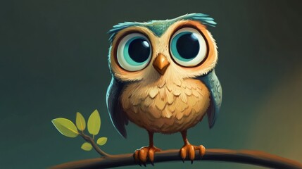 Cute owl perched on branch, large eyes