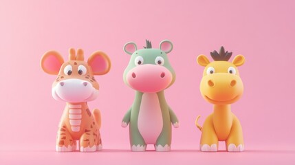 Obraz premium Cute cartoon animals on pink background (1)