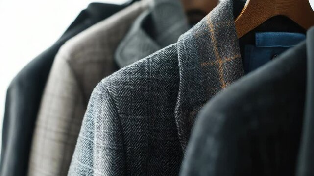 A row of men's jackets hung on a rack, waiting to be chosen