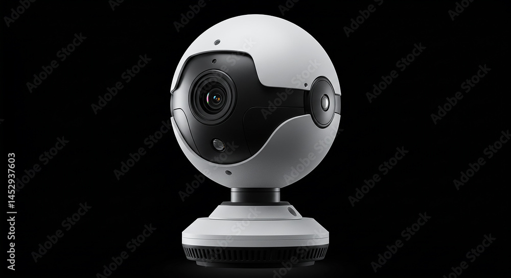 Poster futuristic spherical security camera observing on a black background
