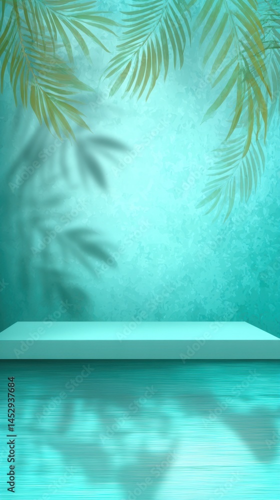 Poster serene aqua background with palm leaf shadows and a minimalist platform for product display creating