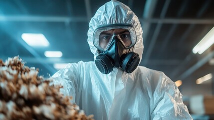 A hazmat worker in a full protective suit and mask meticulously sorts materials, embodying the critical safety measures taken in hazardous environments.