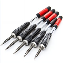 Fototapeta premium Five Precision Metallic Tools with Red and Black Handles on White Background