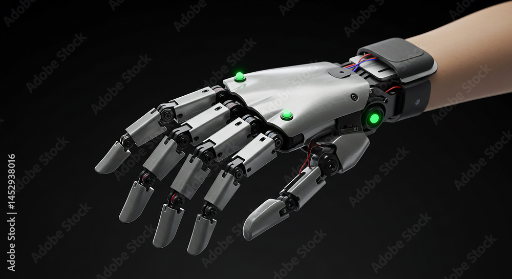 Poster robotic prosthetic hand showing advanced technology on dark background