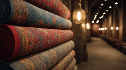 Stacked Rugs in Architectural Corridor: An exquisite display of rolled rugs in a historic arched corridor. The textures and patterns of the rugs are the focal point.