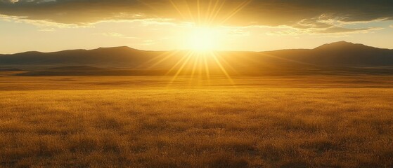 Obraz premium Golden sunset over a vast, dry grassland.