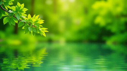 Naklejka premium Vibrant green leaves reflecting on calm water in a serene natural setting
