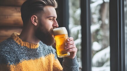 Man with Beard Drinking Beer by Window Winter