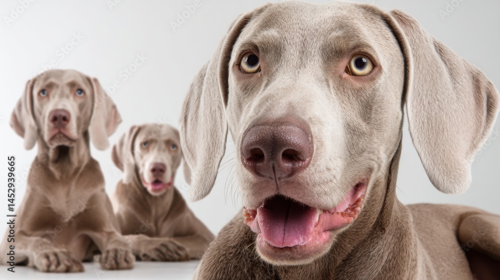 Poster charming weimaraner trio posing against a clean white background capturing the essence of canine com