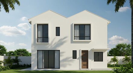 Cream-colored modern two-story villa with black glass windows and minimalist architecture—ideal for luxury living, property showcases, or real estate promotion.