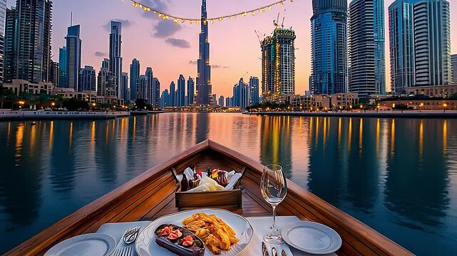 Luxurious Dining Experience on a Boat with City Skyline at Sunset in Dubai