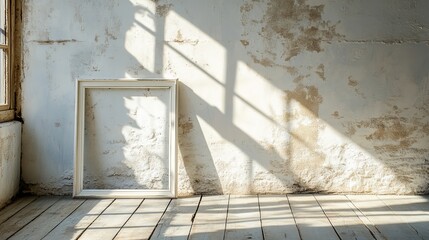 Empty white frame against rustic white wall with light and shadow art old room home aged photo image