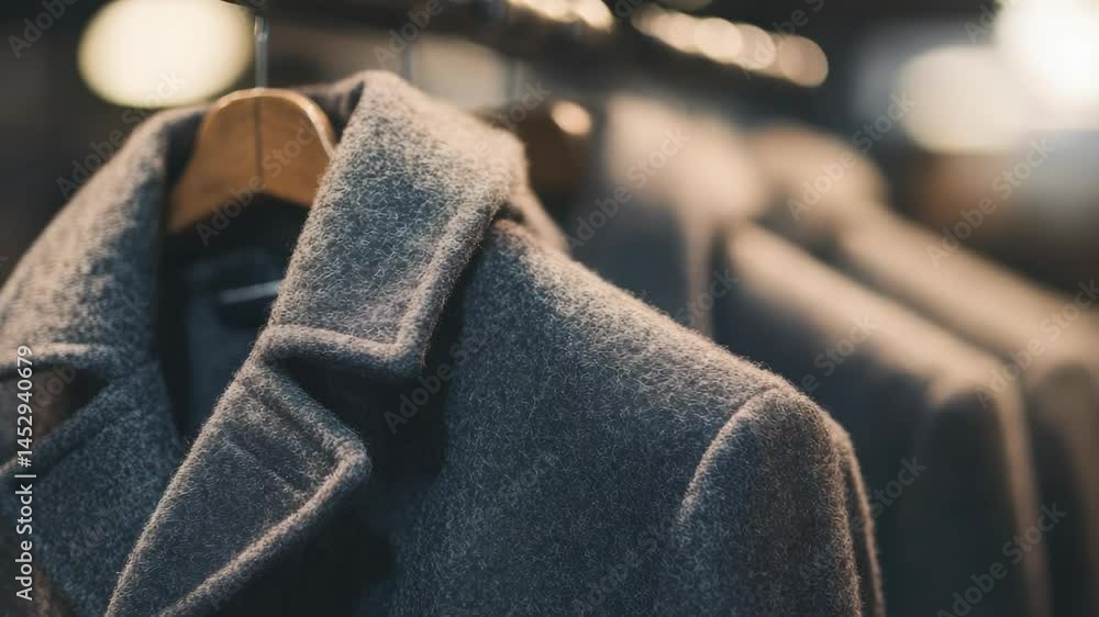 Poster a single coat hangs on a rack in a clothing store, ready for customers to try on