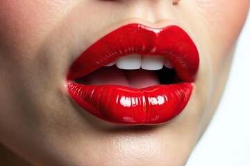 Obraz premium Close-up vibrant red lips, stark white backdrop, background, photo, color
