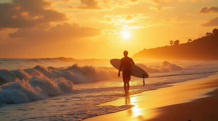 Surfer on Beach at Sunset with Waves, Generate AI