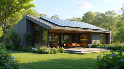 Modern Eco-Friendly House with Solar Panels in Nature, Generate AI