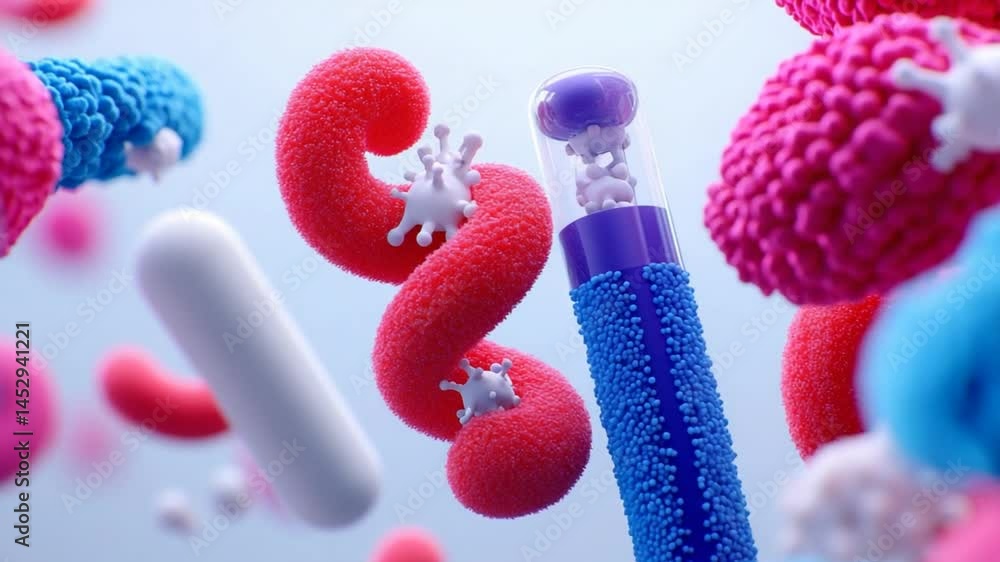 Poster abstract representation of colorful microorganisms and cellular structures in a scientific illustrat