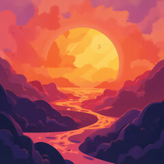 Vibrant Abstract Sunset with Geometric Shapes, Generate AI