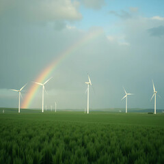 Wind Turbines with Rainbow in Green Field, Generate AI