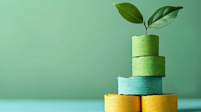 Plant sprout growing from a stack of colorful recycled paper rolls arranged like a growth chart. Sustainability, eco-friendly growth, green concept.
