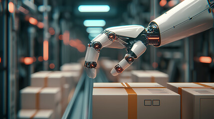 A robotic hand sorts packages on a conveyor belt in a modern automated warehouse.